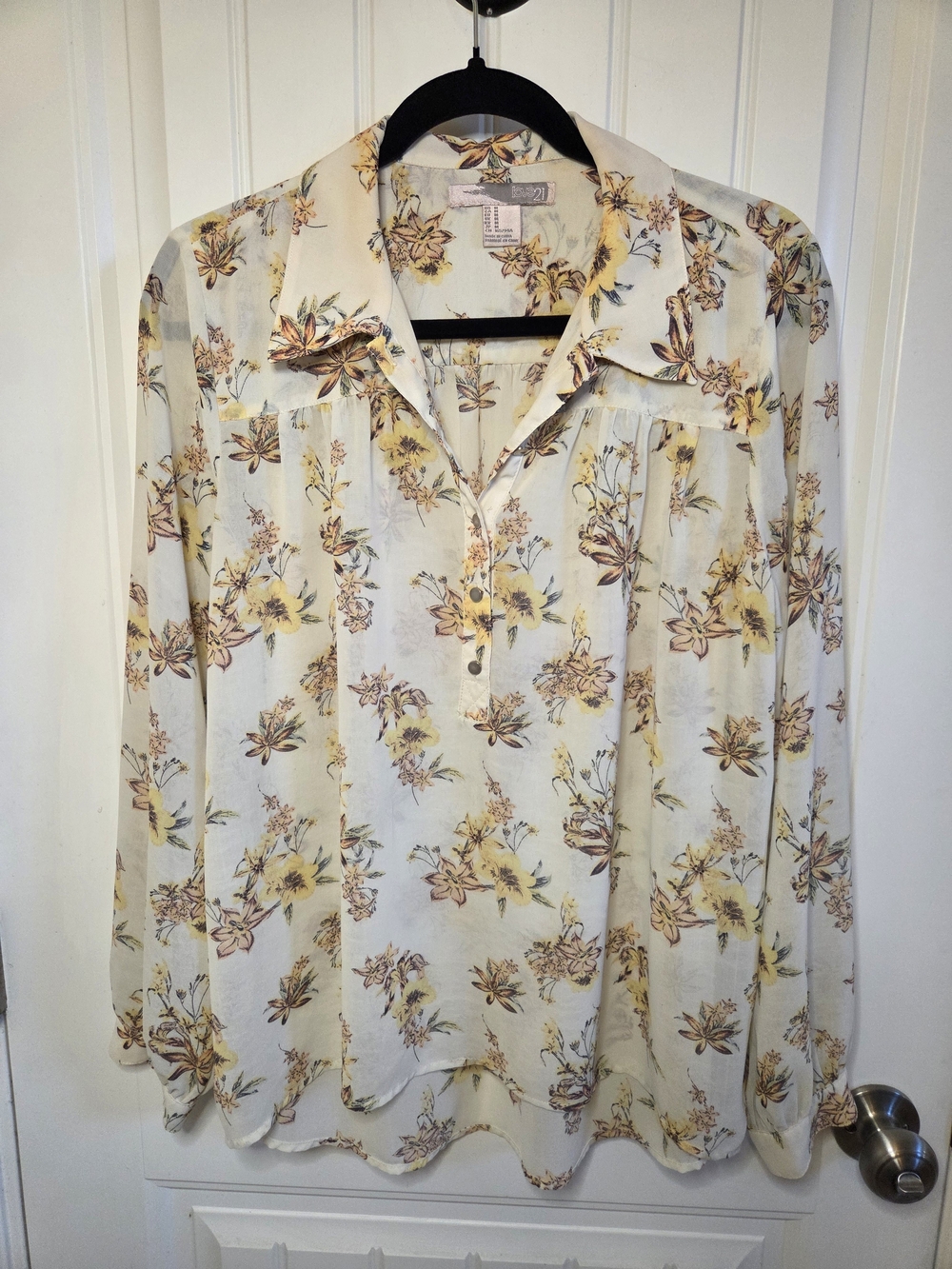 Cream Button Blouse With Yellow And Pink Orchid Flowers